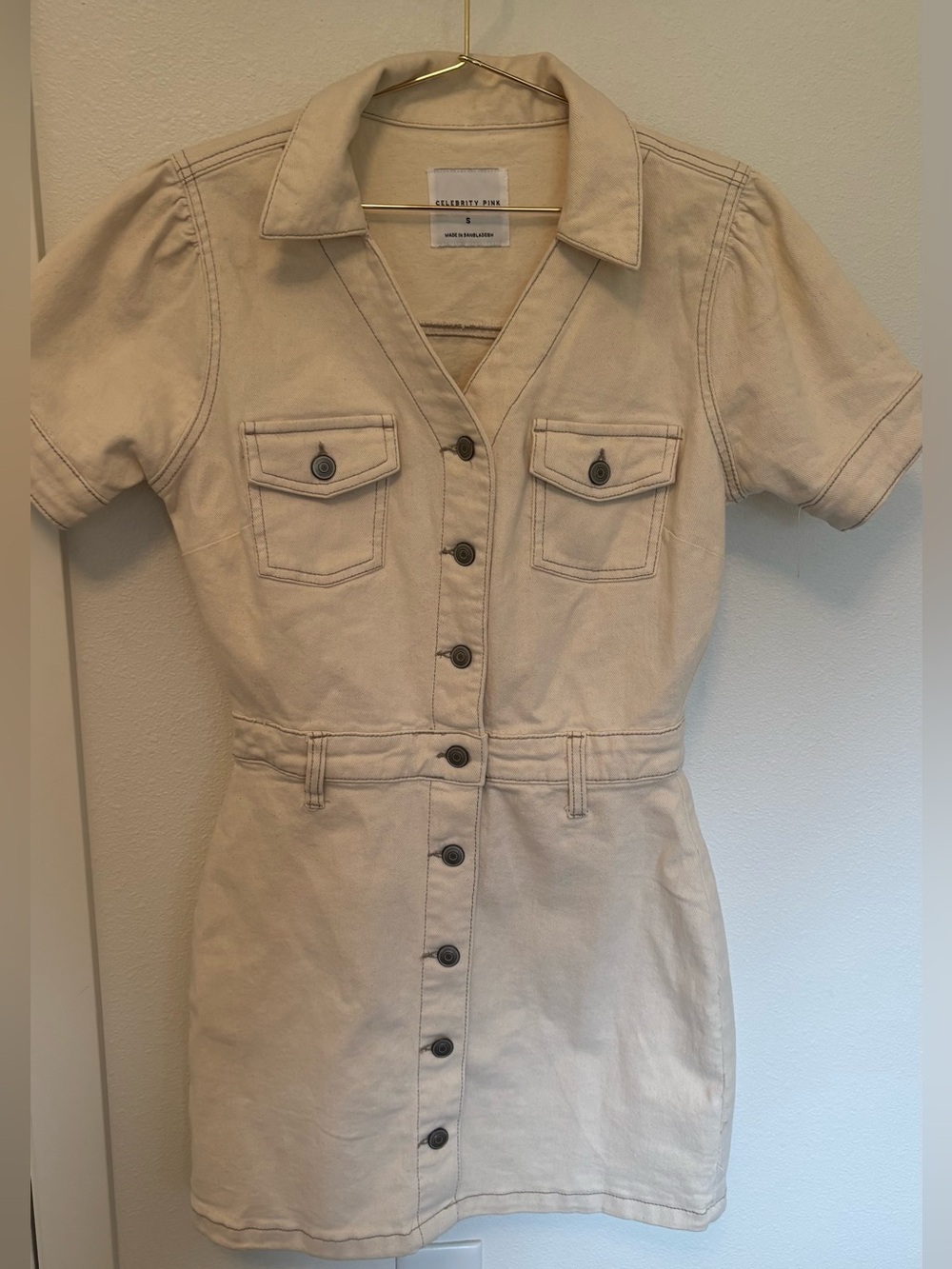 Celebrity Pink Cream Button-Front Mini Dress with Utility Pockets